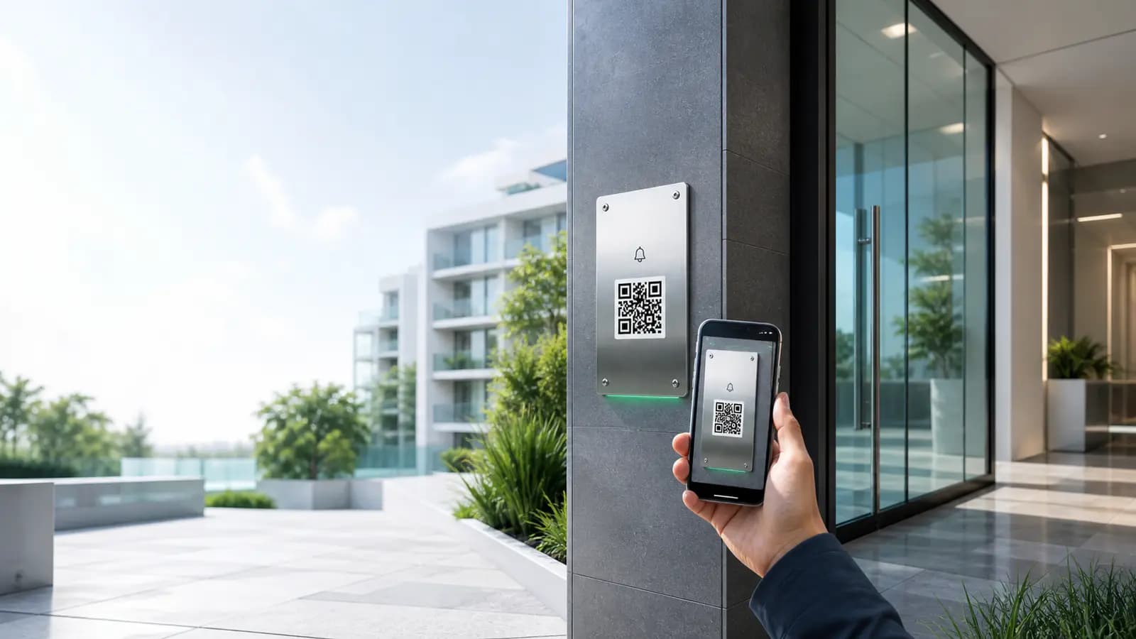 Entrada moderna con placa QR del portero inteligente